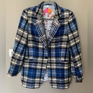 VILAGALLO Breco Wool Alpaca Blend Plaid Blazer Jacket With Silver Studs Size 44